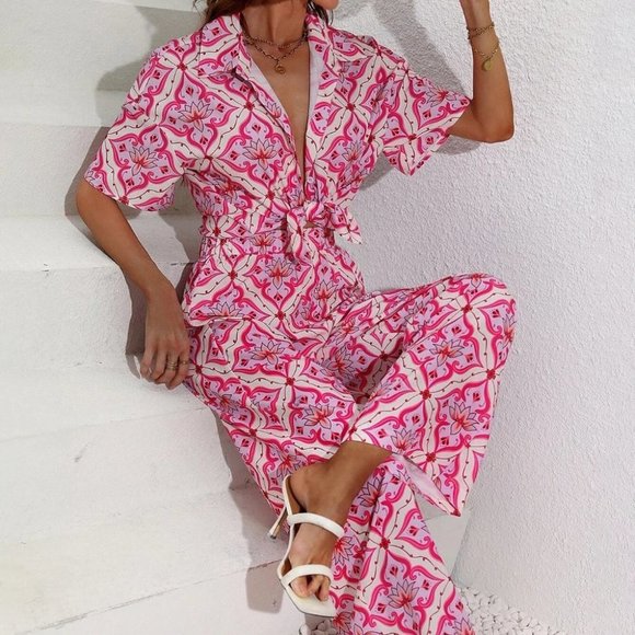 Multicolor Boho Womens  Allover Print Knot Front Shirt & Wide Leg Pants - Picture 3 of 5